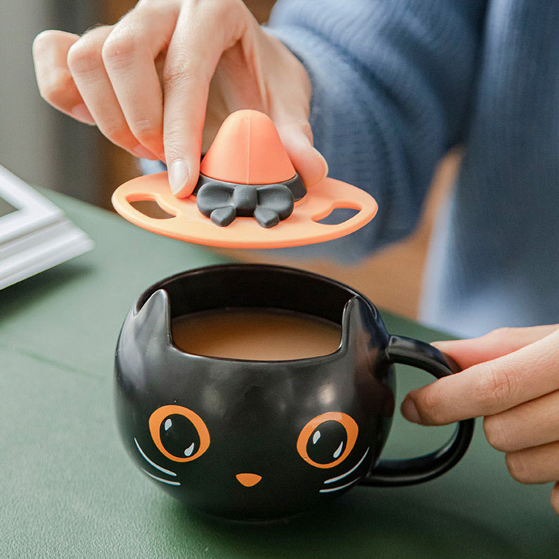 Black Cat with Hat Pumpkin Covered Spoon Couple Halloween Gift Mug