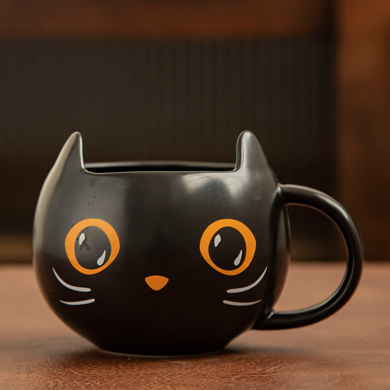 Black Cat with Hat Pumpkin Covered Spoon Couple Halloween Gift Mug
