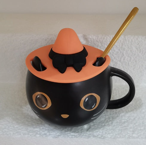 Black Cat with Hat Pumpkin Covered Spoon Couple Halloween Gift Mug
