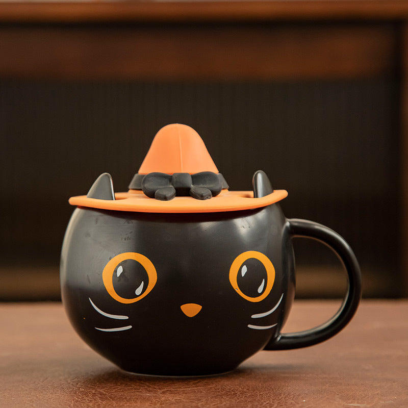 Black Cat with Hat Pumpkin Covered Spoon Couple Halloween Gift Mug