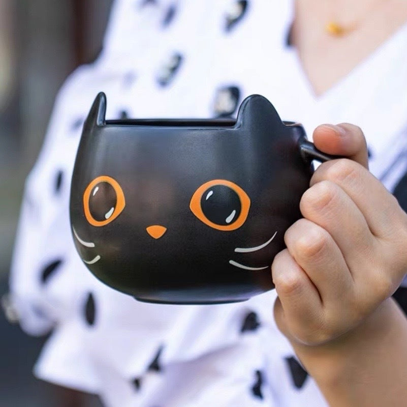 Black Cat with Hat Pumpkin Covered Spoon Couple Halloween Gift Mug