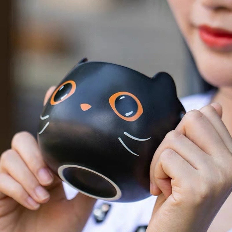 Black Cat with Hat Pumpkin Covered Spoon Couple Halloween Gift Mug