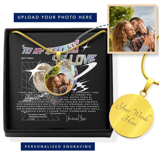 TO MY GODDESS, MY LOVE - PERSONALIZED CIRCLE SHAPED PHOTO NECKLACE — BYRD OF THE 7SEAS GODS APPAREL - GOLD & POLISHED STEEL - GODDESS