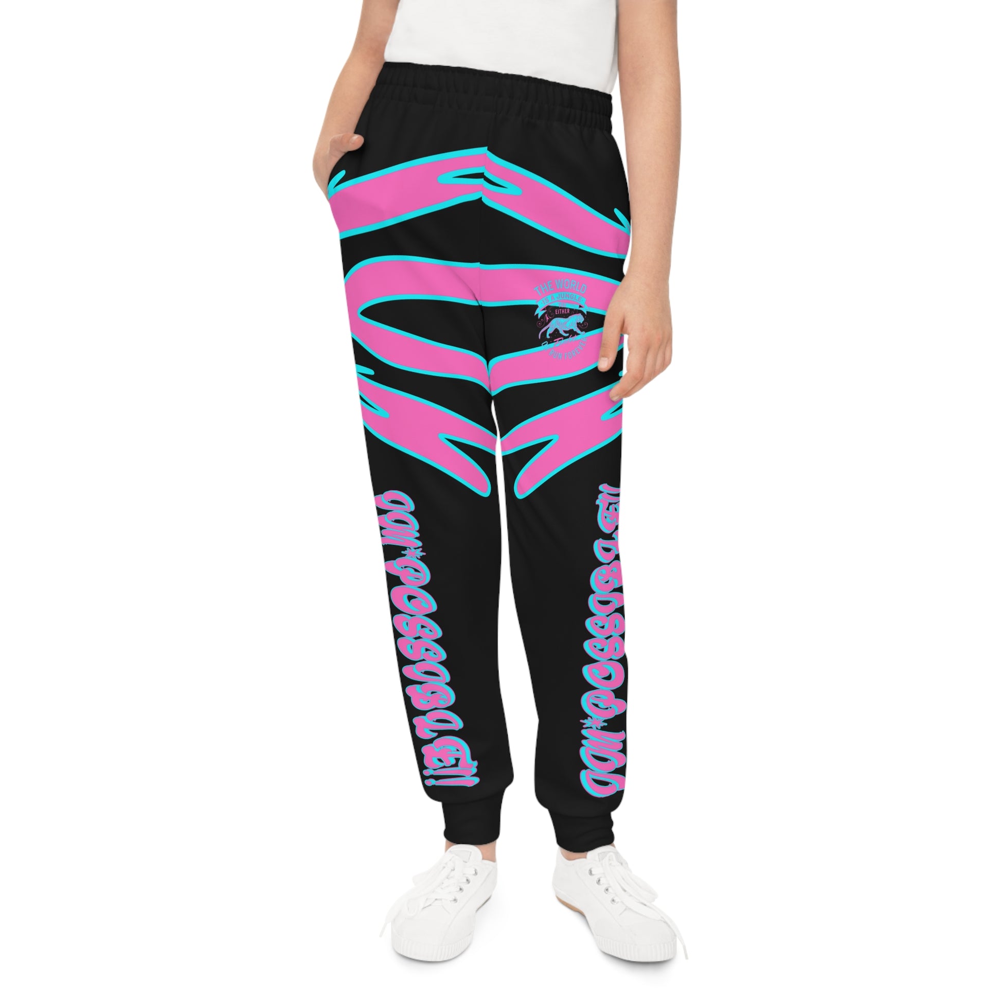 World Is A Jungle - BYRD OF THE 7SEAS GODS APPAREL - TIGER EDITION - YEMAYA - BLACK/PINK - Goddess/Girls Youth Joggers