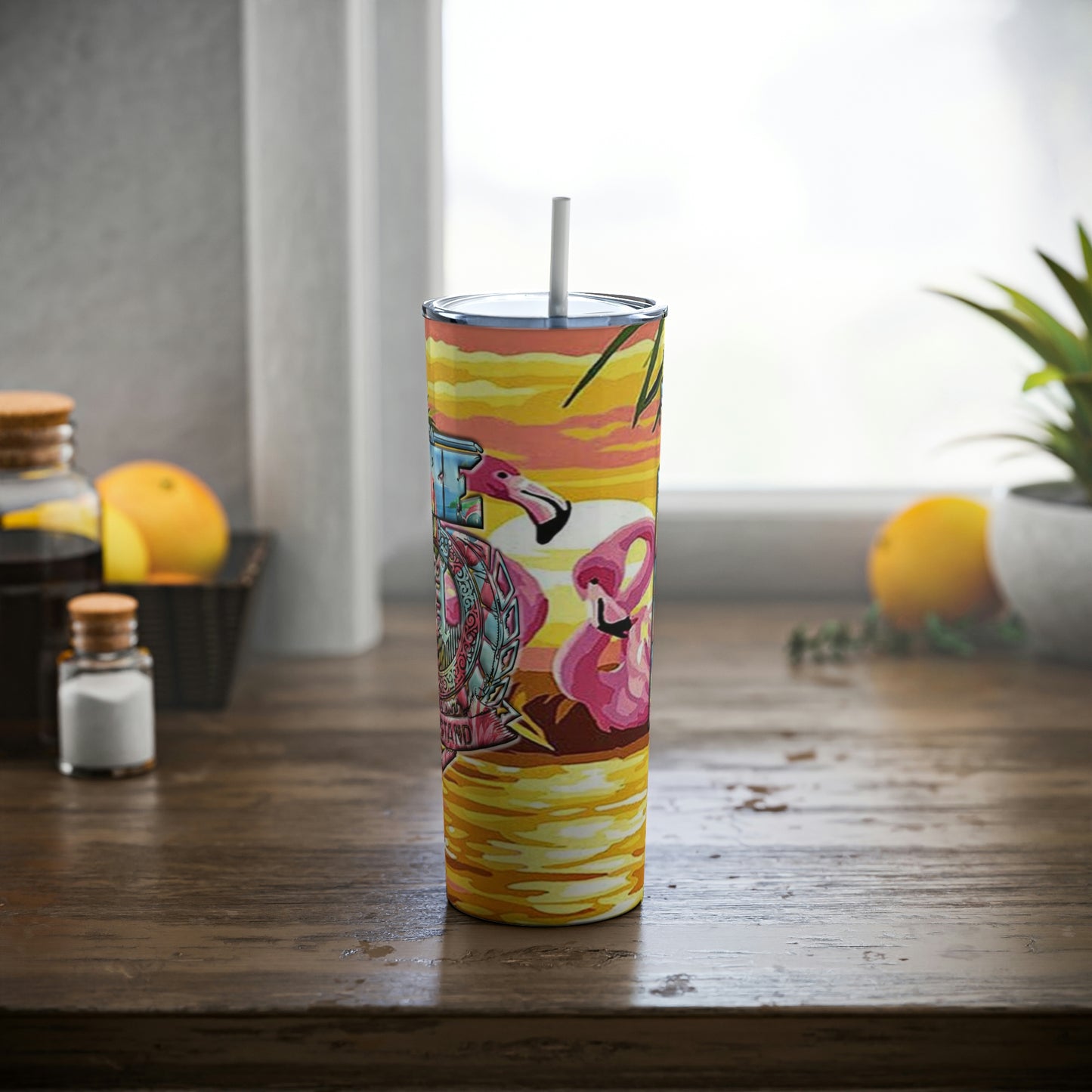 Byrd Of The 7seas Gods Apparel - IAHTYJWU FLAMINGO Skinny Steel Tumbler with Straw, 20oz Custom Made